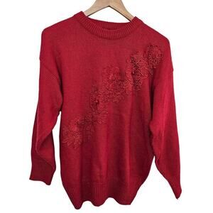 Vintage 80s Sweater Womens Medium Red Floral Lace Beaded Glam Knit Embellished